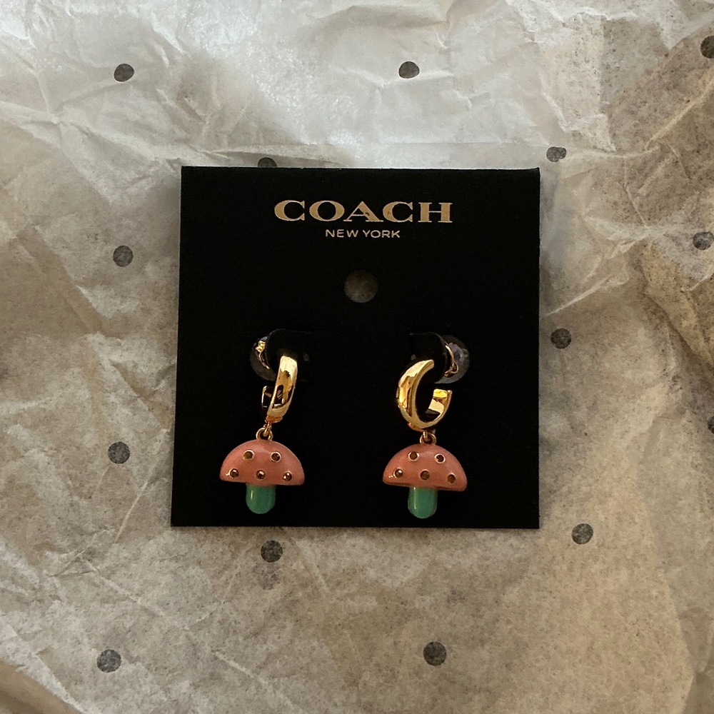 Coach Gold Tone Hoop Earrings with Pink & Teal Mushroom Charms - Picture 2 of 2